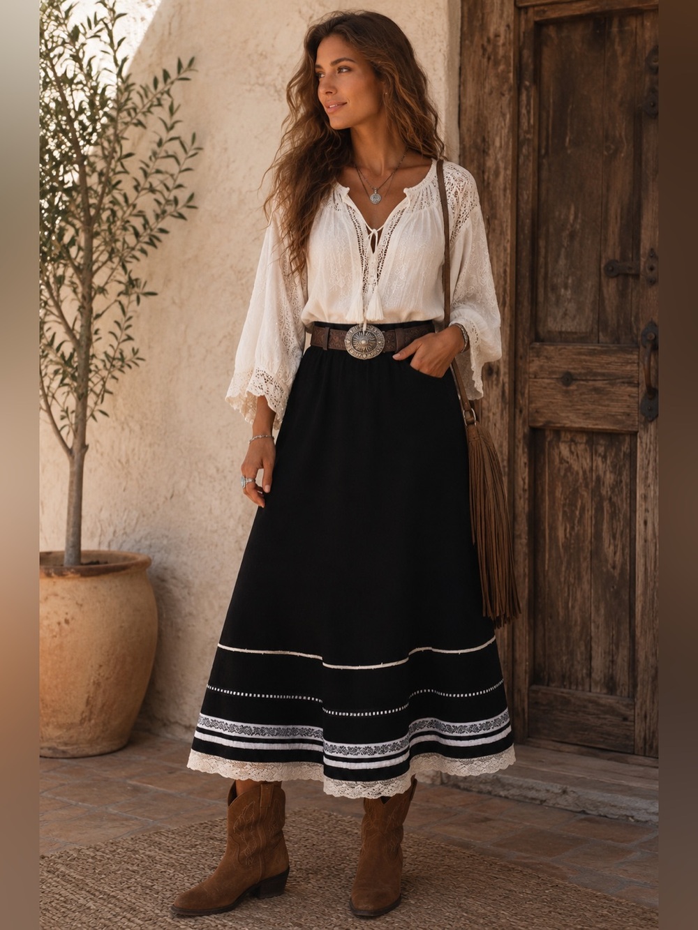 😍2/$20 Black Cotton Lace Embellished Full Midi Skirt Boho Pin Up Rockabilly